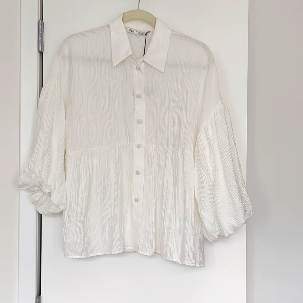 Zara balloon sleeve blouse wht S